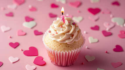 Delightful Pink Cupcake with Creamy Frosting and Candle