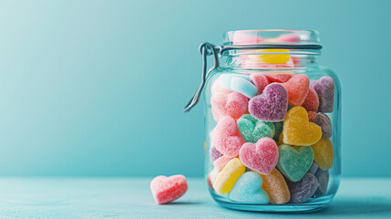 Jar Filled With Multi-Colored Heart-Shaped Candies, copy space