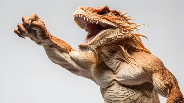 Fierce Anthropomorphic Bearded Dragon Muscle Creature Fist Pumping in Fighting Stance on White Background