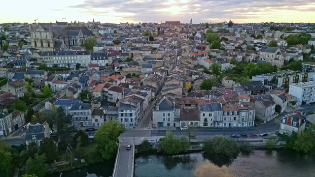 Poitiers cityscape with Cathedral of Saint Peter or Pierre, France. Aerial backward