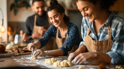 A joyful family engaged in the fun activity of baking together in a homely kitchen setting