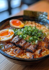 Fototapeta premium Ramen - Bowl of ramen with rich broth, sliced pork, soft-boiled egg, nori, and green onions. 