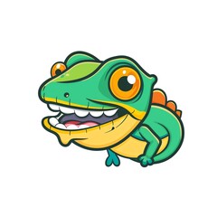 Fototapeta premium Cute cartoon chameleon with big smile and orange eyes.