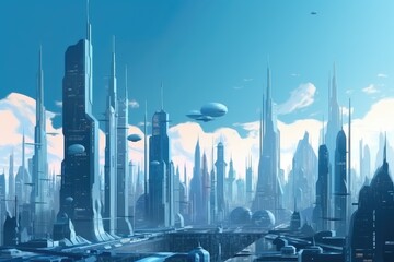 Futuristic Cityscape with Skyscrapers and Flying Vehicles
