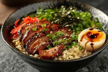 Fototapeta premium Ramen - Bowl of ramen with rich broth, sliced pork, soft-boiled egg, nori, and green onions. 