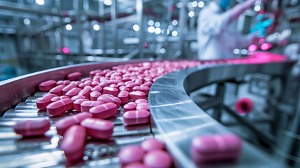 Pink Pils Bulk Manufacturing of Pharmaceuticals in Modern Factory Setting