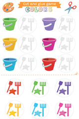 Learning colors green, red, yellow, pink, purple, blue Cut and glue educational children game. Matching game worksheet for kids. Match by color. Sand toys