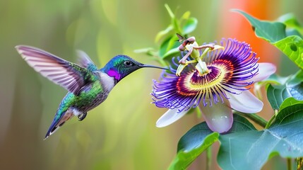 Obraz premium A hummingbird hovers in front of a passionflower, its long beak probing the flower's nectar.