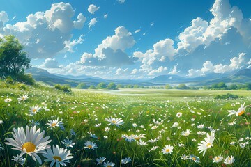 A group of white flowers on a lush green field beneath a blue sky with clouds