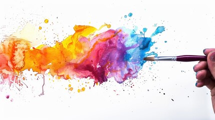 Colorful paint splatters with hand holding a brush. Watercolor art