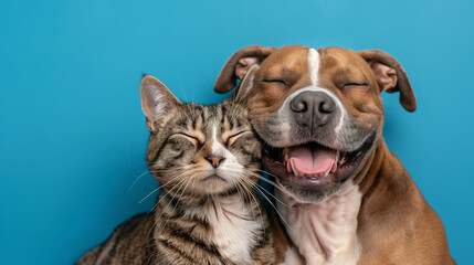Obraz premium Close Up of Happy Dog and Cat Together on Blue Background