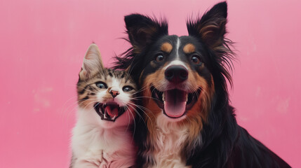 Close-Up of Happy Dog and Cat on Pink Background