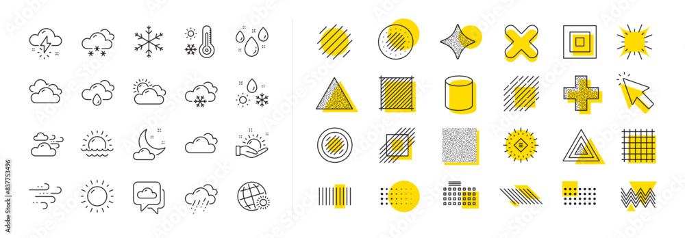 Poster cloudy sky, winter snowflake, thermometer. design shape elements. weather and forecast line icons. m
