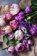 Naklejka premium Elegant Mixed Tulip Bouquet on Kraft Paper