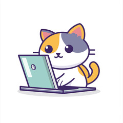 Adorable cartoon cat using laptop, technologysavvy feline engaging digital activity. Calico kitten appears concentrated curious while interacting computer, techfriendly pet concept. Cute animal
