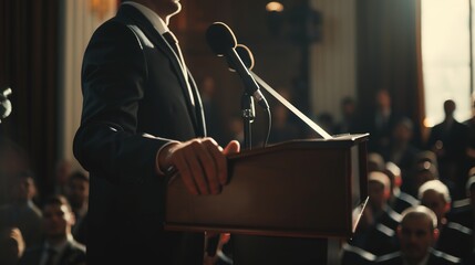 Close-up of Businessman Giving Speech at Podium with Microphones, Focus on Hands Holding Pulpit, Audience in Blurred Background