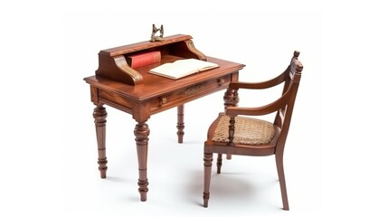 Business table isolate with office supplies with chair on white background. AI generated.