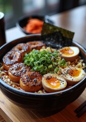 Ramen - Bowl of ramen with rich broth, sliced pork, soft-boiled egg, nori, and green onions. 