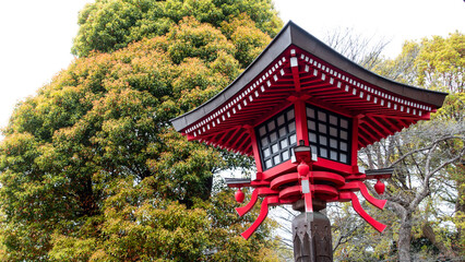 Tokyo, Japan APRIL 2024: Traditional Japanese red wooden lantern at Kiyomizu Kannon-do temple in Ueno