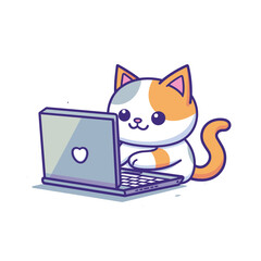 Cute cartoon cat typing laptop, cheerful feline working computer. Adorable kitten uses technology, animated pet browsing internet. Digital vector illustration, minimalist pastel colors