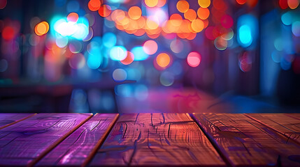 Empty wooden table with neon light bokeh background, night view, blurred bokeh lights background, generative ai