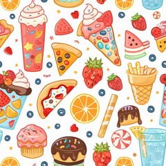 Seamless pattern with food and drinks