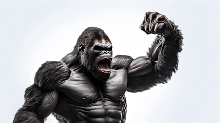 Muscular Anthropomorphic Gorilla Fiercely Fist Pumping in Minimal Studio Scene
