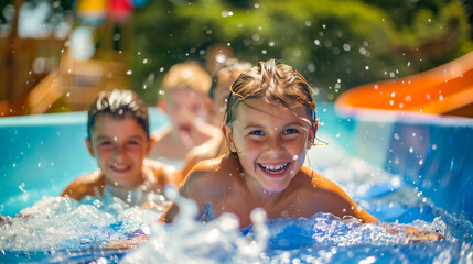 Niña con sus amigos tirándose por un tobogán en un parque acuático.