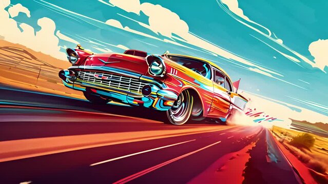 Retro race car driving on the road colorful background. Vintage Classic Car , Classic Car illustration 4k video animation cartoon