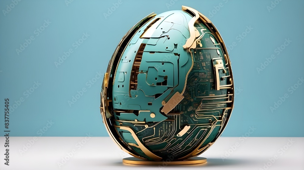 Poster an artistic interpretation of a greeting card design showcasing a 3d egg adorned with circuit board 