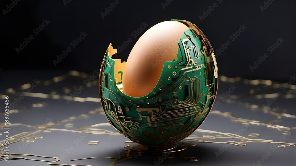 Aufkleber an artistic interpretation of a greeting card design showcasing a 3d egg adorned with circuit board 