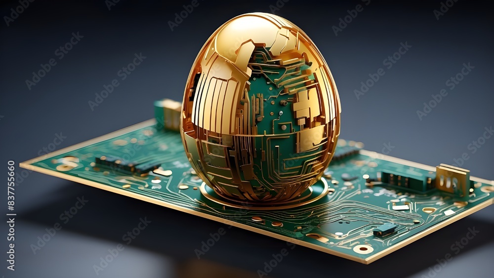 Poster a stylish greeting card design presenting an abstract 3d egg with a sleek circuit board texture, ref