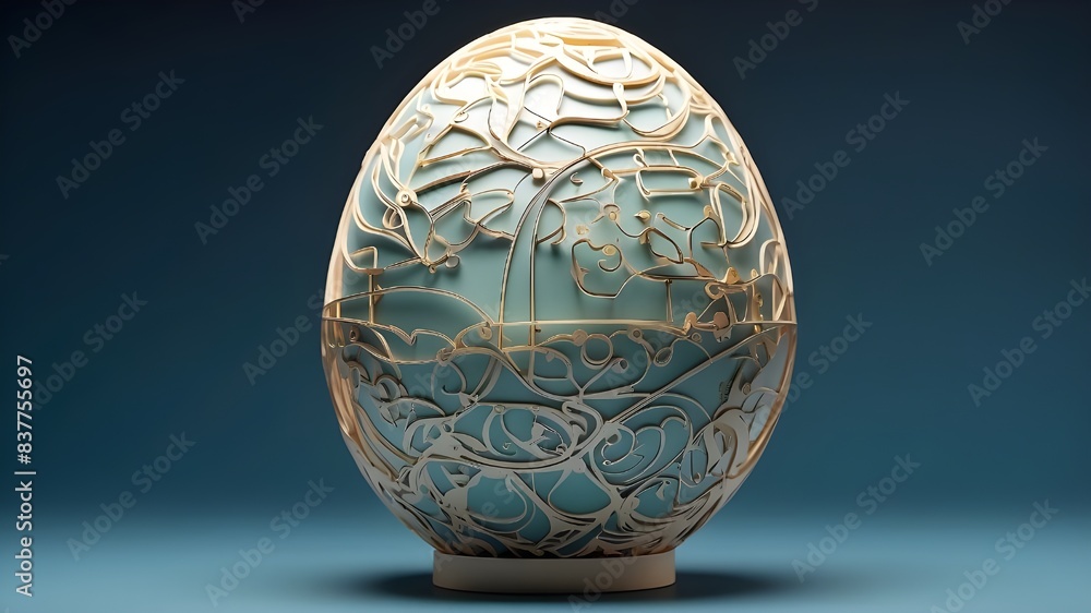 Poster an innovative design showcasing a 3d egg with intricate circuitry patterns, perfect for a contempora