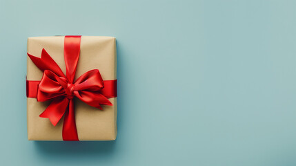 Gift Box with Red Bow and Ribbon on Light Blue Background