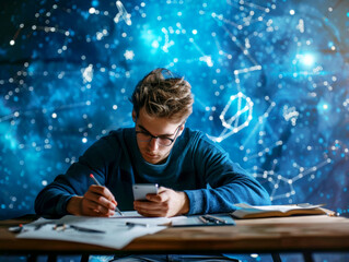 A man immersed in studying, surrounded by constellations and a network of glowing connections.