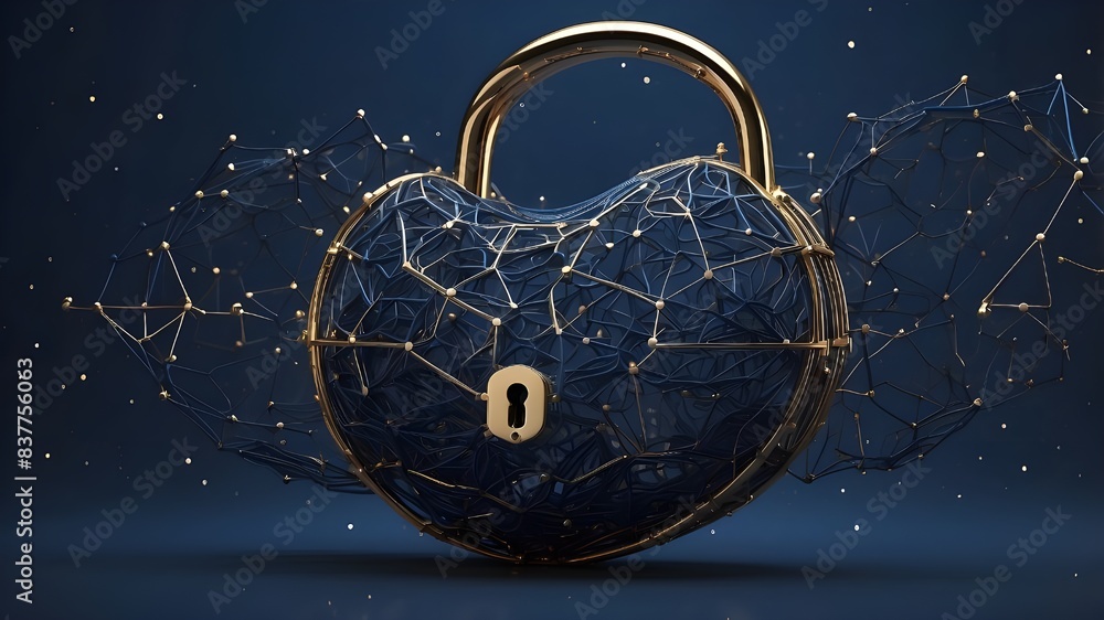 Poster a mesmerizing depiction of a lock constructed from polygonal wireframe, mirroring the celestial patt