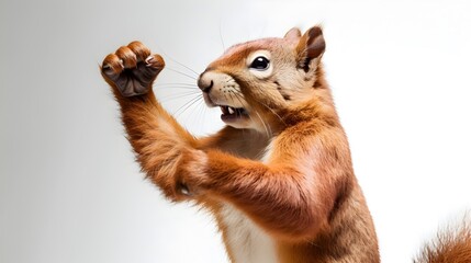 Fototapeta premium Muscular Anthropomorphic Squirrel Fist Pumping in Intense Fighting Stance on White Background