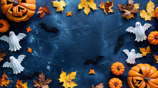 Halloween Holiday Background with Party Decorations and Pumpkins