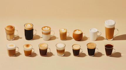 High Angle View of Various Classic Coffee Drinks on Beige Background