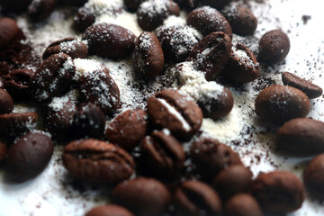 coffee beans. powder. cream. on a white background. the aroma of Sumatran coffee. arabica coffee. civet coffee. expensive and luxurious. drink lover