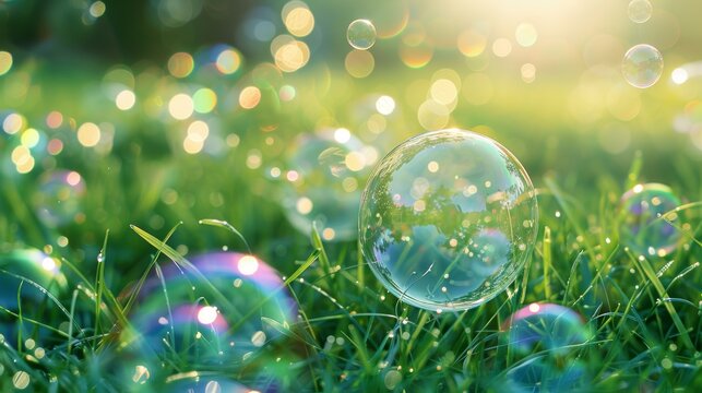 A close-up of a bubble wand creating large soap bubbles, with a green grassy background.