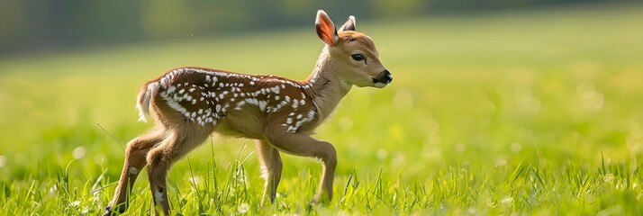 Newborn Fawn Exploring a Lush Meadow on its First Steps of Life