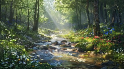 Obraz premium Stream flows through a swamp in a lush green forest. Sunlight filters through the trees, casting a warm glow on the water. The view is peaceful and serene