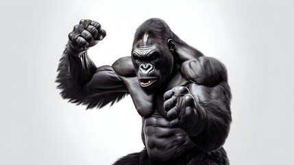 Powerful Anthropomorphic Muscle Gorilla Fist Pumping in Intense Fighting Pose on White Background