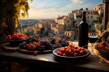 wine in glasses and bottle, fresh grapes on the windowsill, with view of the old town on the hills...