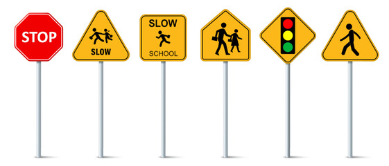 Set of school signs zone vector. Pedestrian. Road and Traffic signs. School zone warning symbol. © Dee-sign