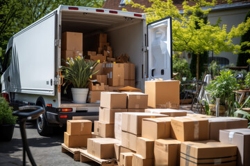 truck and boxes near the house, unloading and moving to another house