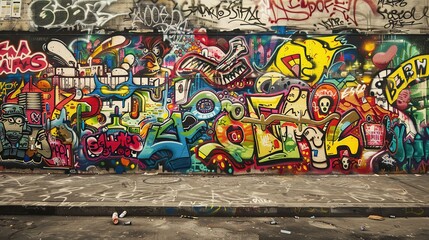 Walls with graffiti paintings in the shape of monster faces and tongues