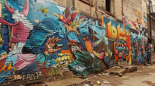Walls with graffiti paintings in the shape of monster faces and tongues