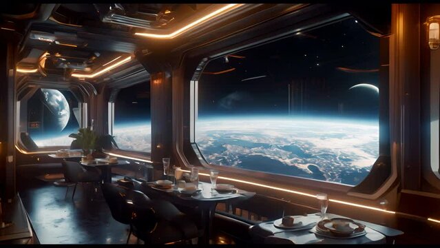 A restaurant in space with a view of the Earth and the moon. The restaurant is decorated with a futuristic theme